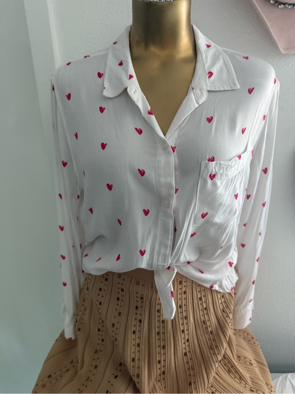 Rails White Button-Down Blouse with Pink Heart Print